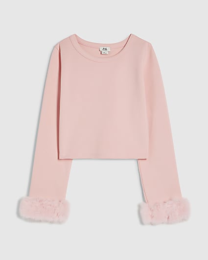 Girls Pink Long Sleeve Faux Fur Cuff Top