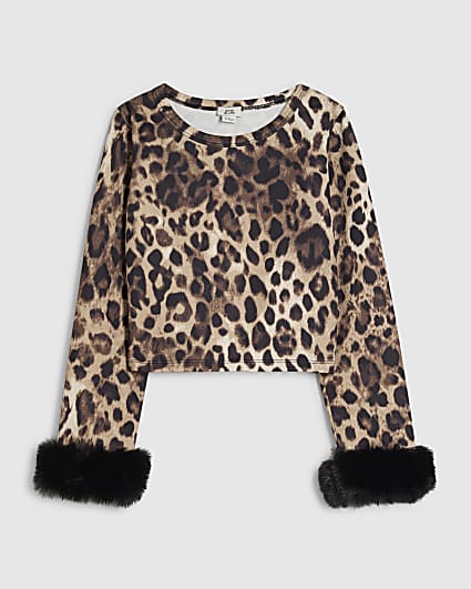 Girls Brown Leopard Faux Fur Cuff Top