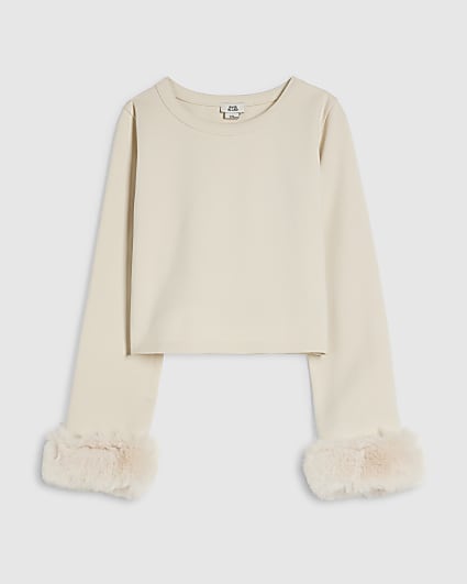 Girls Cream Long Sleeve Faux Fur Cuff Top