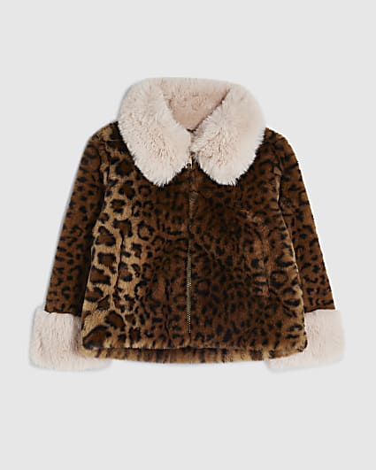 Mini Girls Brown Faux Fur Leopard Print Coat