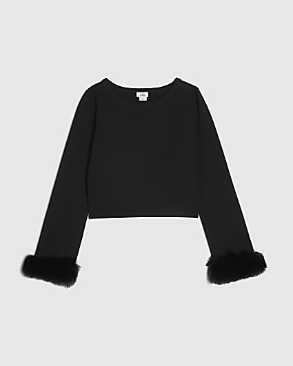 Girls Black Faux Fur Cuff Long Sleeve Top