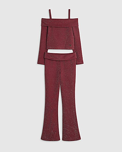 Girls Burgundy Glitter Flared Trousers Set