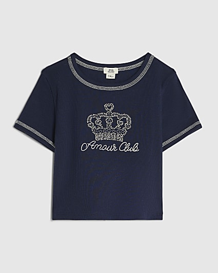 Girls Blue Crown Embellished T-Shirt