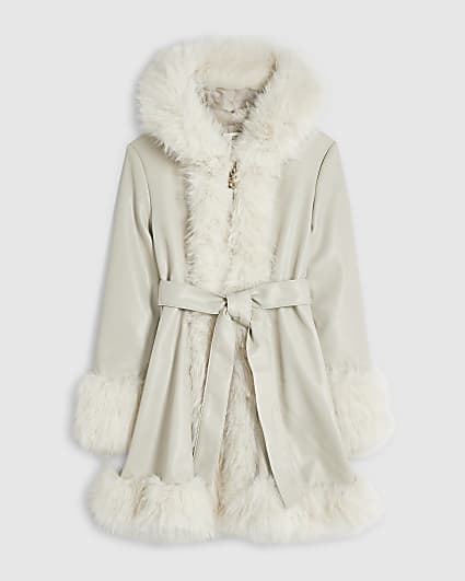 Girls Cream Faux Fur Wrap Hoodie Coat