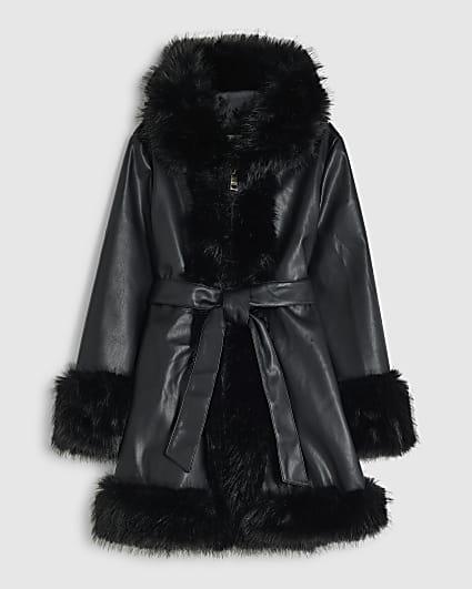 Girls Black Faux Fur Wrap Hoodie Coat