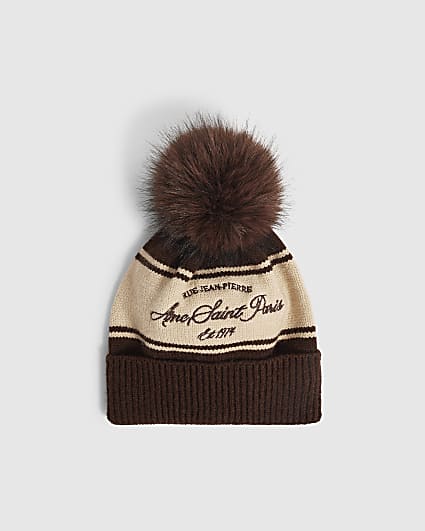 Boys Beige Colour Blocked Beanie