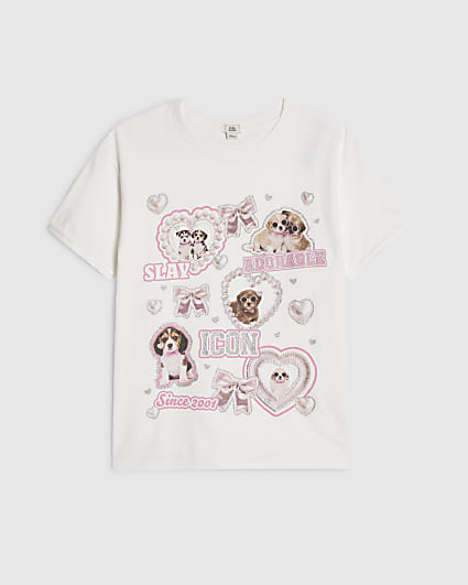 Girls White Dog Heart And Glitter T-Shirt