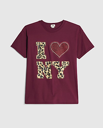 Girls Purple Leopard I LOVE NY Heart T-Shirt