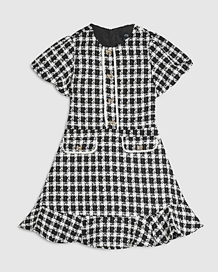 Girls Black Check Puff Sleeve Boucle Dress