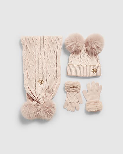 Girls Pink Cable Knit Hat & Scarf Set