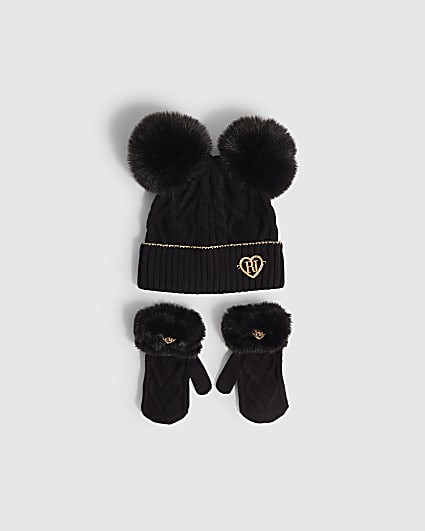 Mini Girls Black Pom Beanie Set