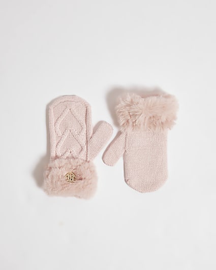 Mini Girls Pink Knitted Faux Fur Mittens