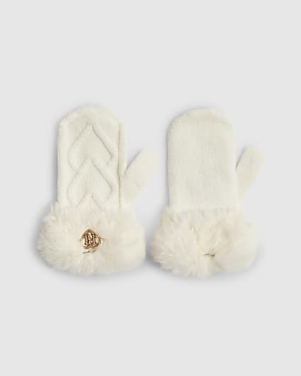 Mini Girls Cream Knitted Faux Fur Mittens
