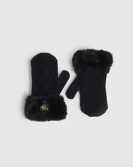 Mini Girls Black Knitted Faux Fur Mittens