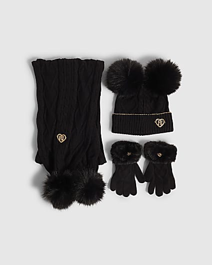 Girls Black Knitted Beanie Bundle Of 3