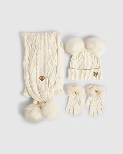 Girls Cream Knitted Beanie Bundle Of 3