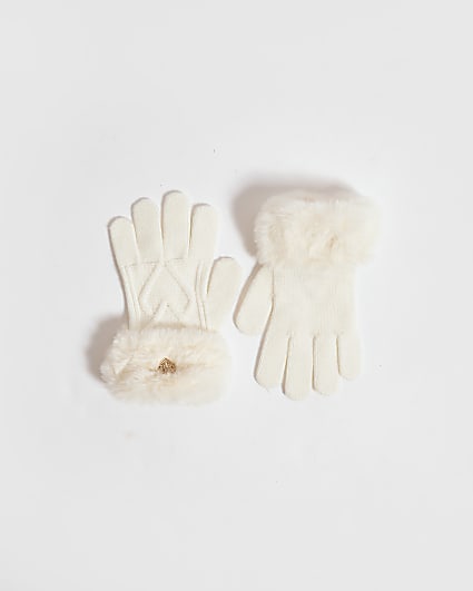 Girls Cream Knitted Faux Fur Gloves