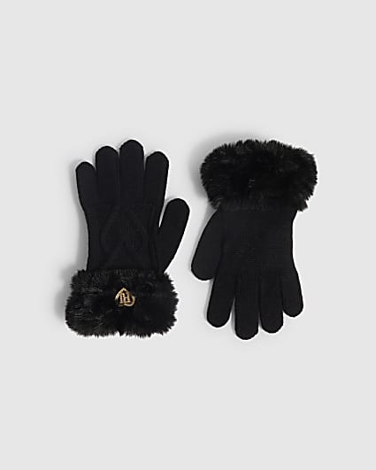 Girls Black Knitted Faux Fur Gloves