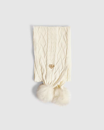 Girls Cream Knit Pom Pom Scarf