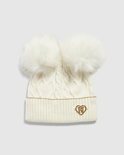 Girls Cream Double Pom Beanie