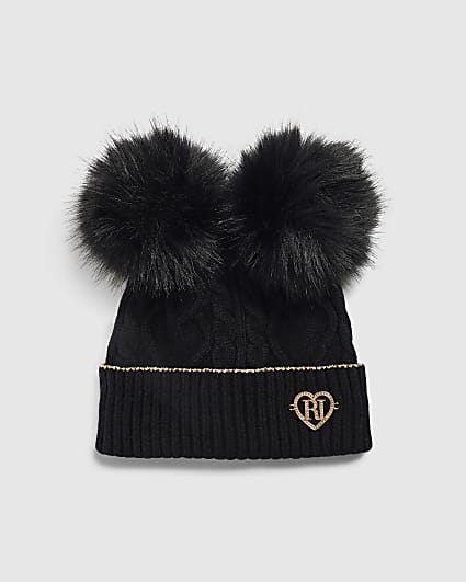 Girls Black Double Pom Beanie