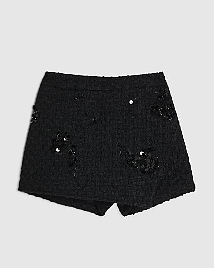Girls Black Boucle Embellished Skort