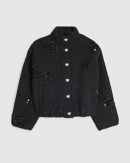 Girls Black Boucle Embellished Jacket