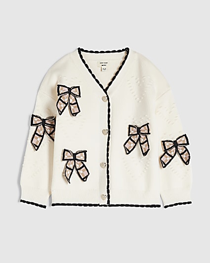 Mini Girls Cream Knit 3D Check Bow Cardigan