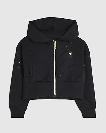 Girls Black Embellished Zip Up Hoodie