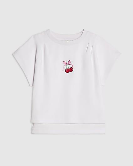 Girls White Pintuck Cherry T-Shirt