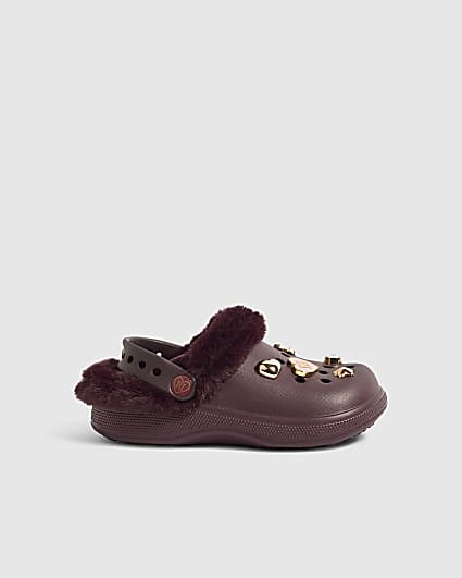 Girls Purple Fur Lined Gem Clogs