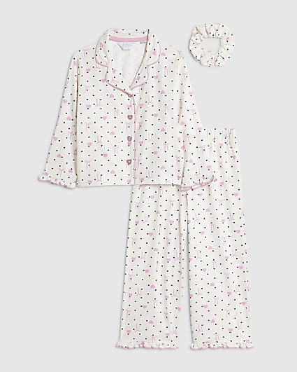 Mini Girls Cream Bow Heart Button Pyjamas Set