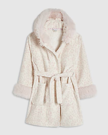 Girls Cream Deer Print Faux Fur Robe