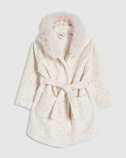 Mini Girls Cream Deer Print Faux Fur Robe
