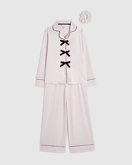 Girls Pink Glitter Velour Bow Pyjamas Set