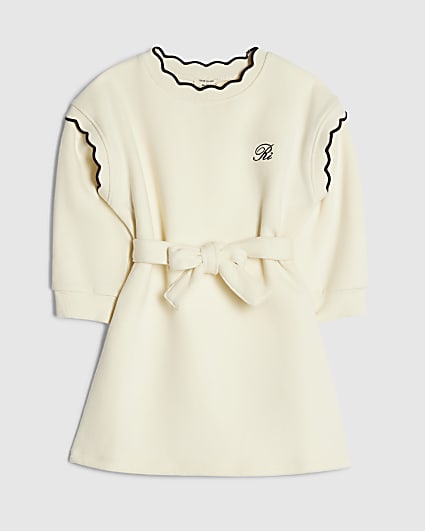 Mini Girls Cream Scalloped Edge Jumper Dress