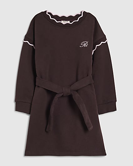 Mini Girls Brown Scalloped Edge Jumper Dress