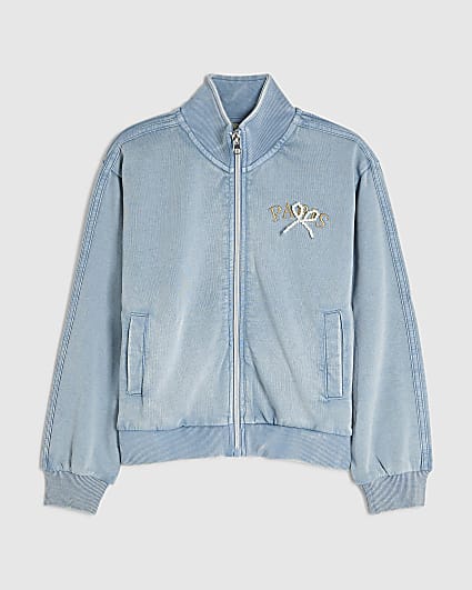 Girls Blue Washed Denim Zip Up Sweatshirt