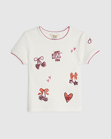 Mini Girls Cream Ribbed Sequin Icons T-Shirt