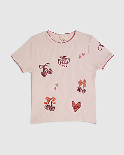 Mini Girls Pink Ribbed Sequin Icons T-Shirt