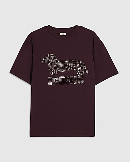 Girls Purple Embellished Iconic Dog T-Shirt