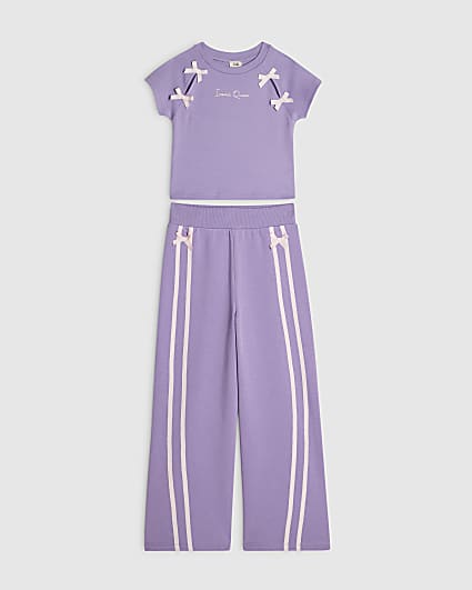 Girls Purple Bow Tape Wide Leg Joggers Set