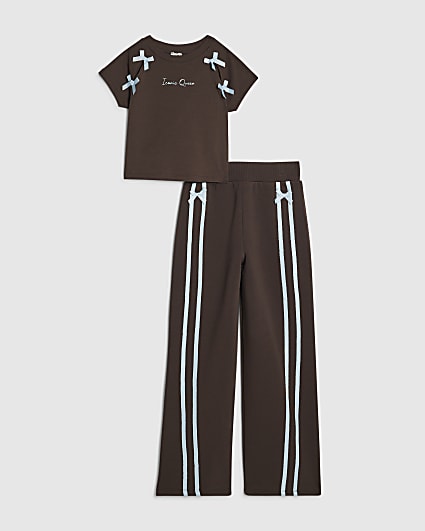 Girls Brown Bow Taped Wide Leg Joggers Set
