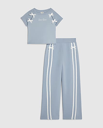 Girls Blue Bow Taped Wide Leg Joggers Set