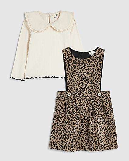 Mini Girls Brown Leopard Print Pinafore Set
