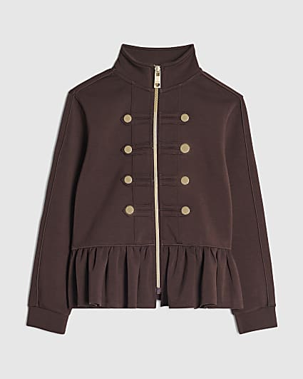 Girls Brown Zip Up Frill Sweatshirt