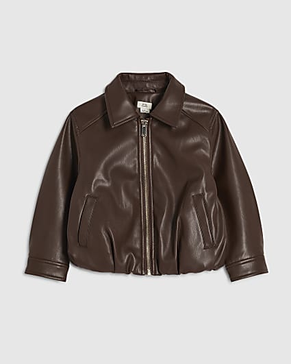 Mini Girls Brown Bubble Hem Bomber Jacket