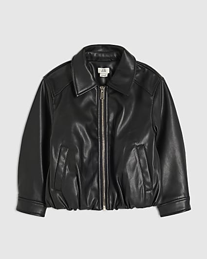 Mini Girls Black Faux Leather Bomber Jacket
