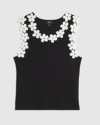 Girls Black Floral Trim Tank Top