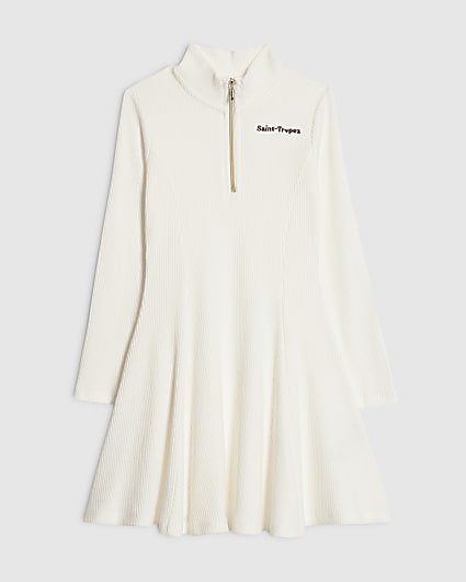 Girls White Ribbed Funnel Fit And Flare Dress